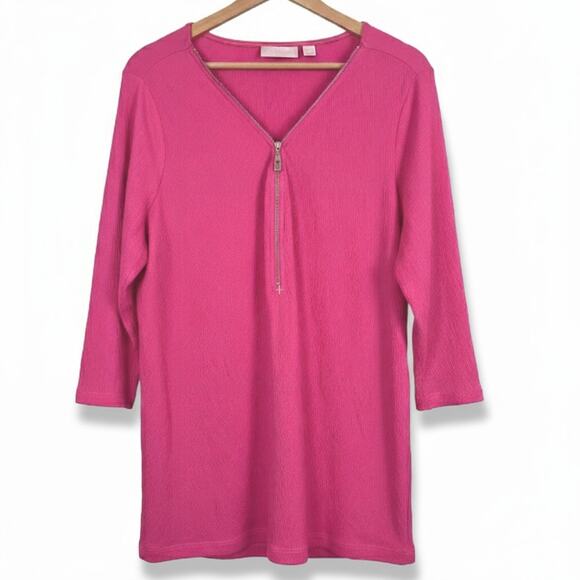 Belle by Kim Gravel Womens L Barbiecore Preppy Colorful Half Zip Tunic Top Pink - Picture 1 of 12